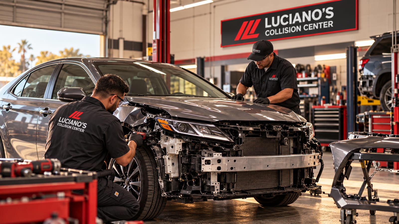 Two technicians performing structural collision repair on a vehicle with the front bumper cover removed.