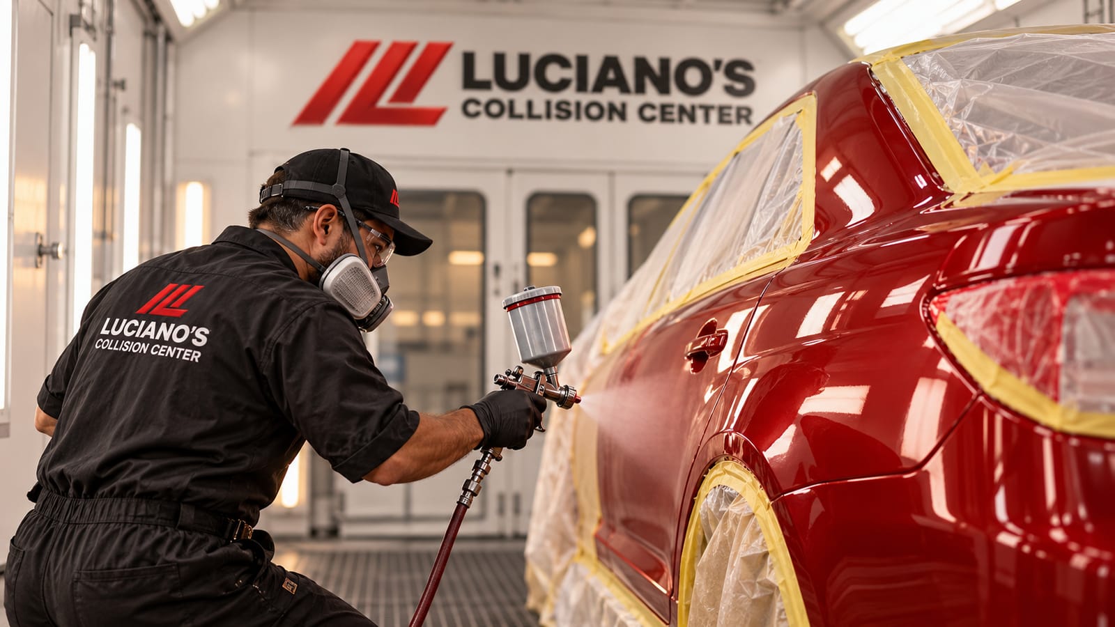 A technician in protective gear spray-painting a red car in the Luciano's Collision Center paint booth.