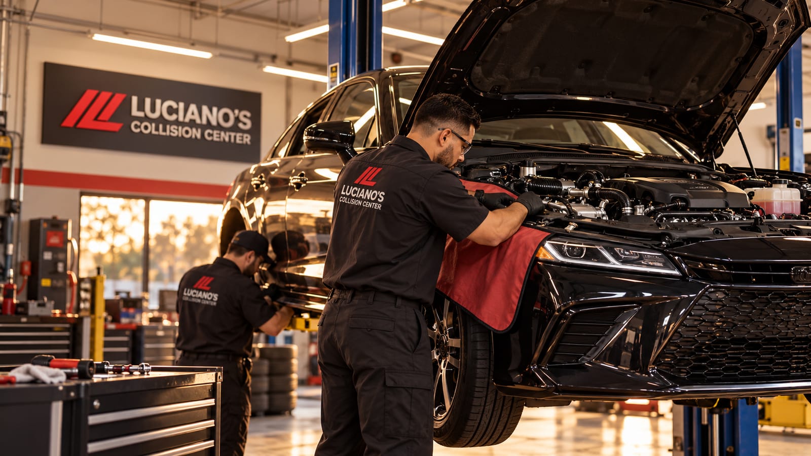 Two technicians in Luciano's Collision Center uniforms working on a sedan on a lift in the shop.