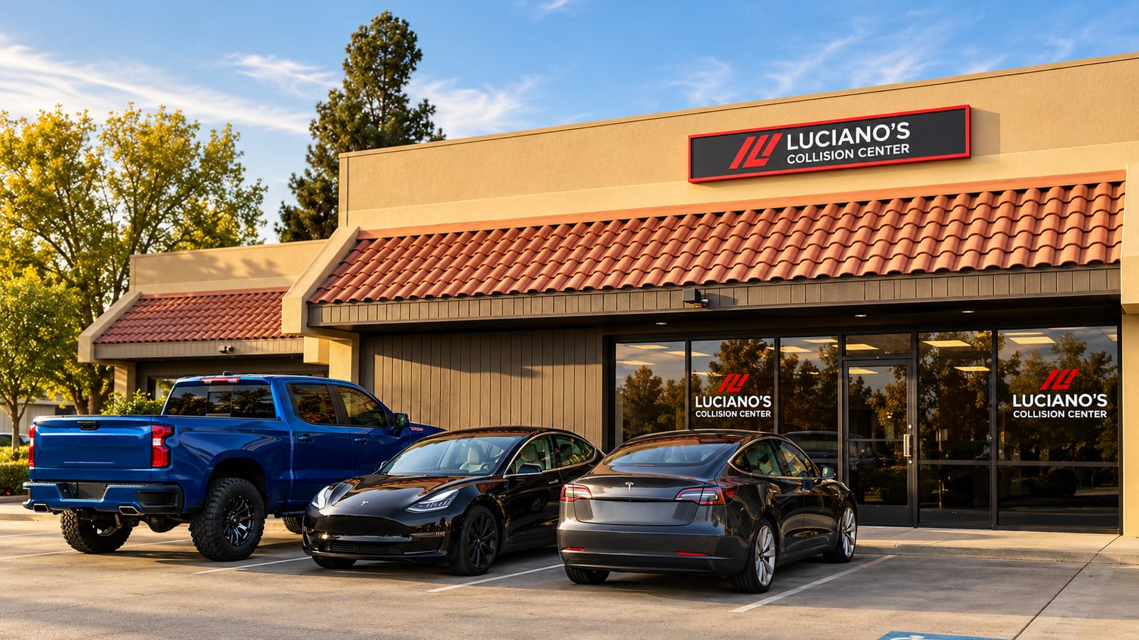 A stylized view of the Luciano's Collision Center storefront with two black Tesla sedans and a blue pickup truck parked in front.